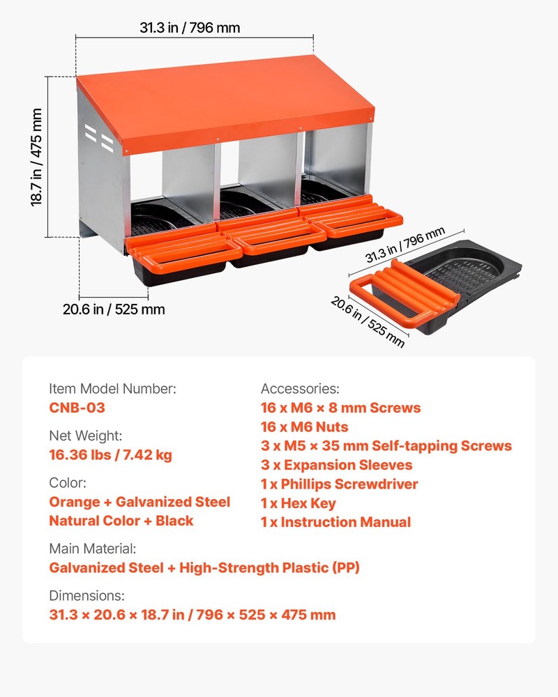 VEVOR Chicken Nesting Boxes 3 Compartments Metal Egg Laying Box Collection Lids