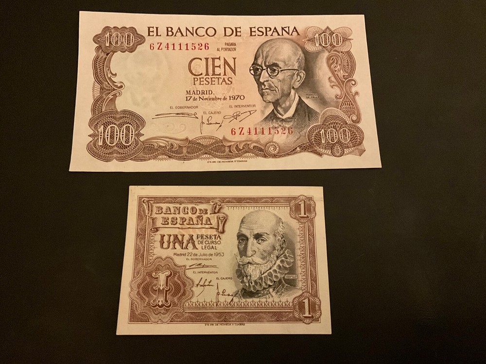 100 & 1  Spain Pesetas banknotes