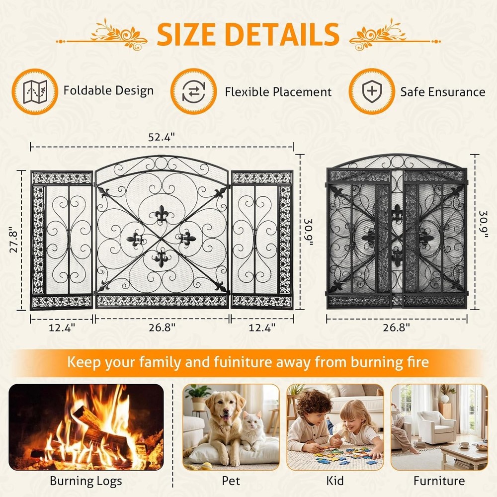 Fireplace Screen 3 Panel Cover Stand Alone Unit for Flexible Placement and Use