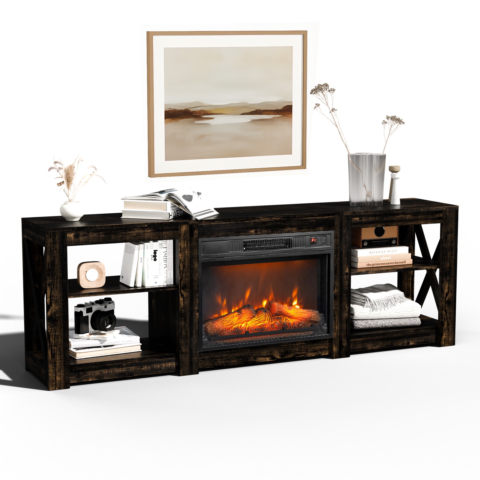 70" Fireplace TV Stand with Storage, Adjustable Shelves, 1500W Electric Heater