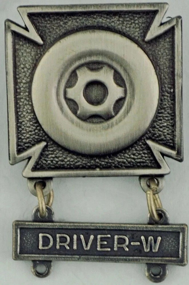 U.S. Army DRIVER BADGE with W BAR TAB - DRIVER - W Oxidized