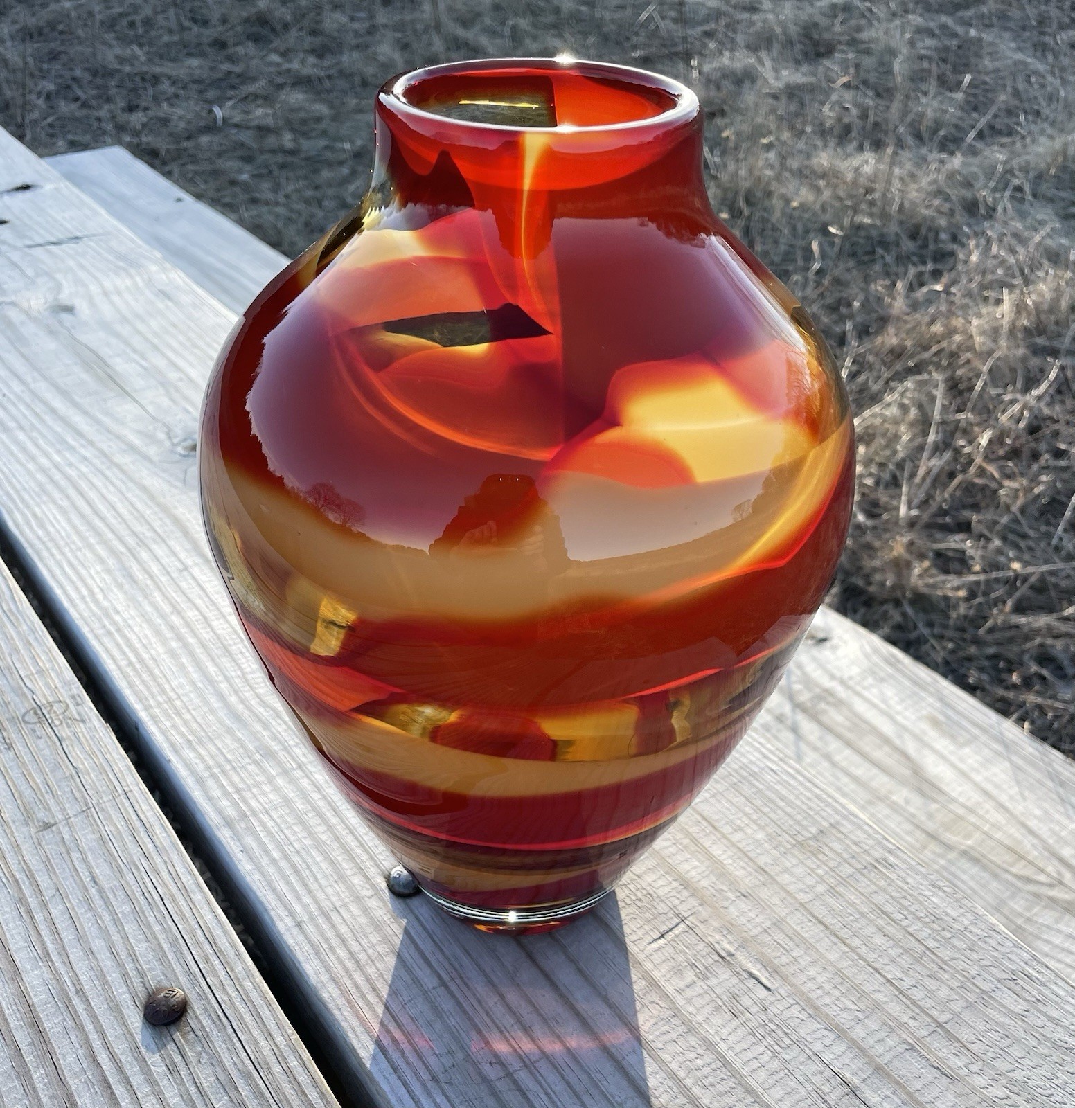 Waterford Evolution “Red Sea” Crystal Amphora Art Glass Vase, swirl design