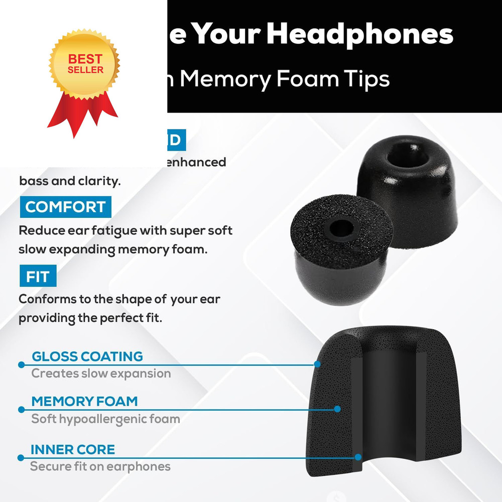 SONICFOAM (SF2 Medium Black) Memory Foam Earbud Tips for M, SF2 - Black
