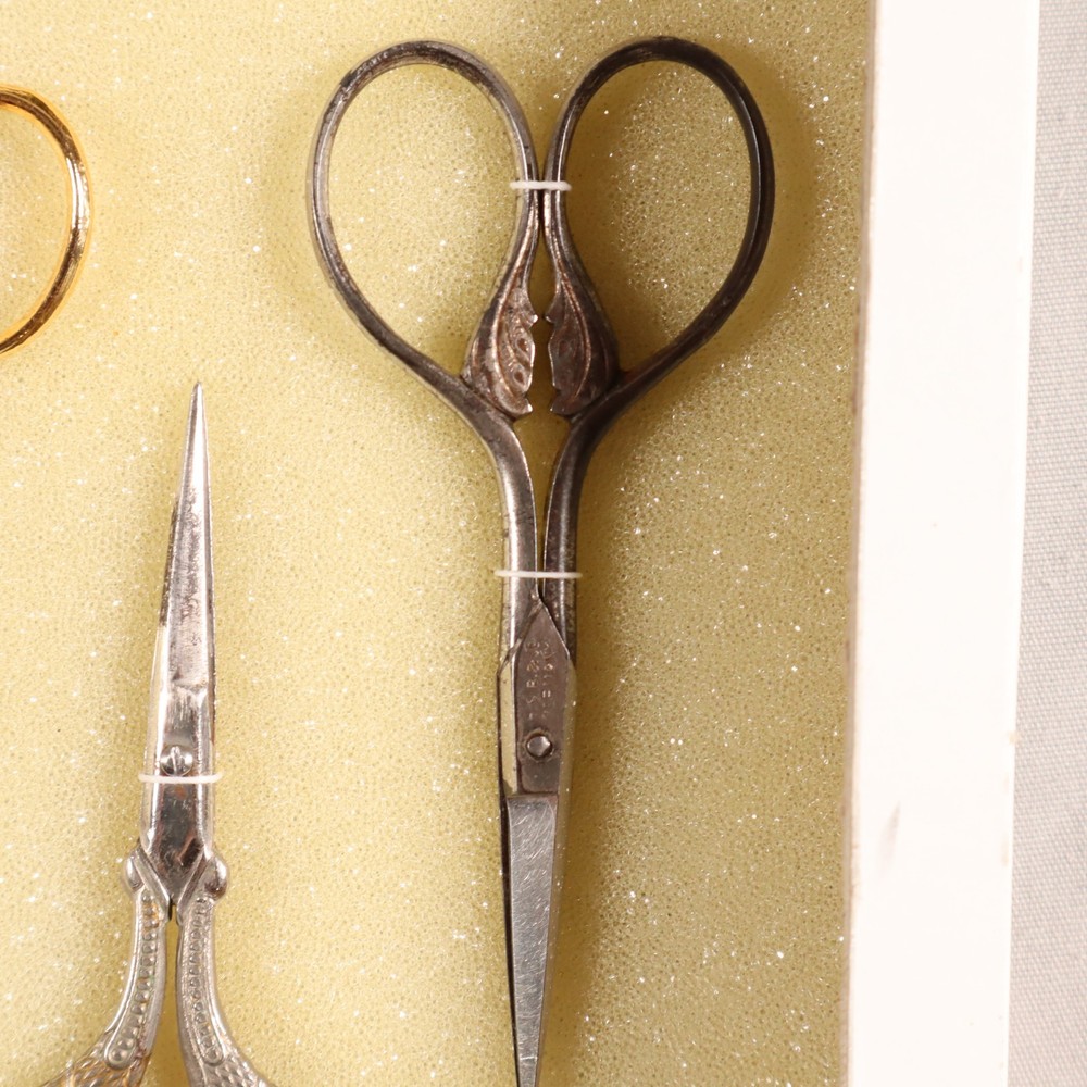 Antique Sewing Tools Scissors Quill Knives Thread Snips Display See Description