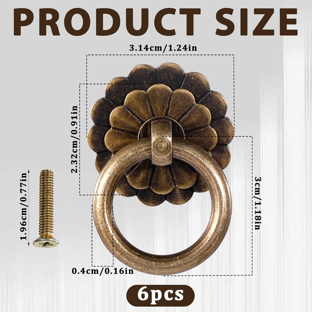 6 Pcs Antique Brass Cabinet Pulls Vintage Drawer Pulls Ring Antique Drawer Pulls