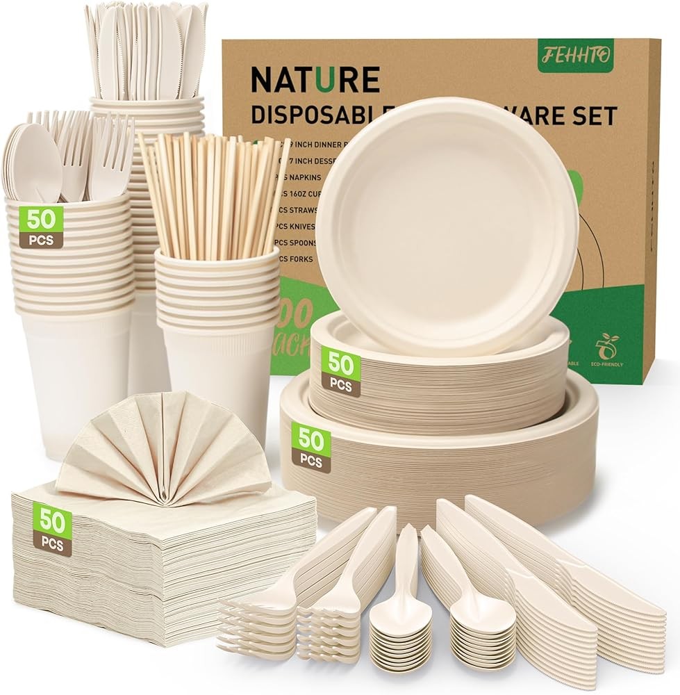 Disposable Paper Plates Set, postable Eco-friendly Dinnerware Set,