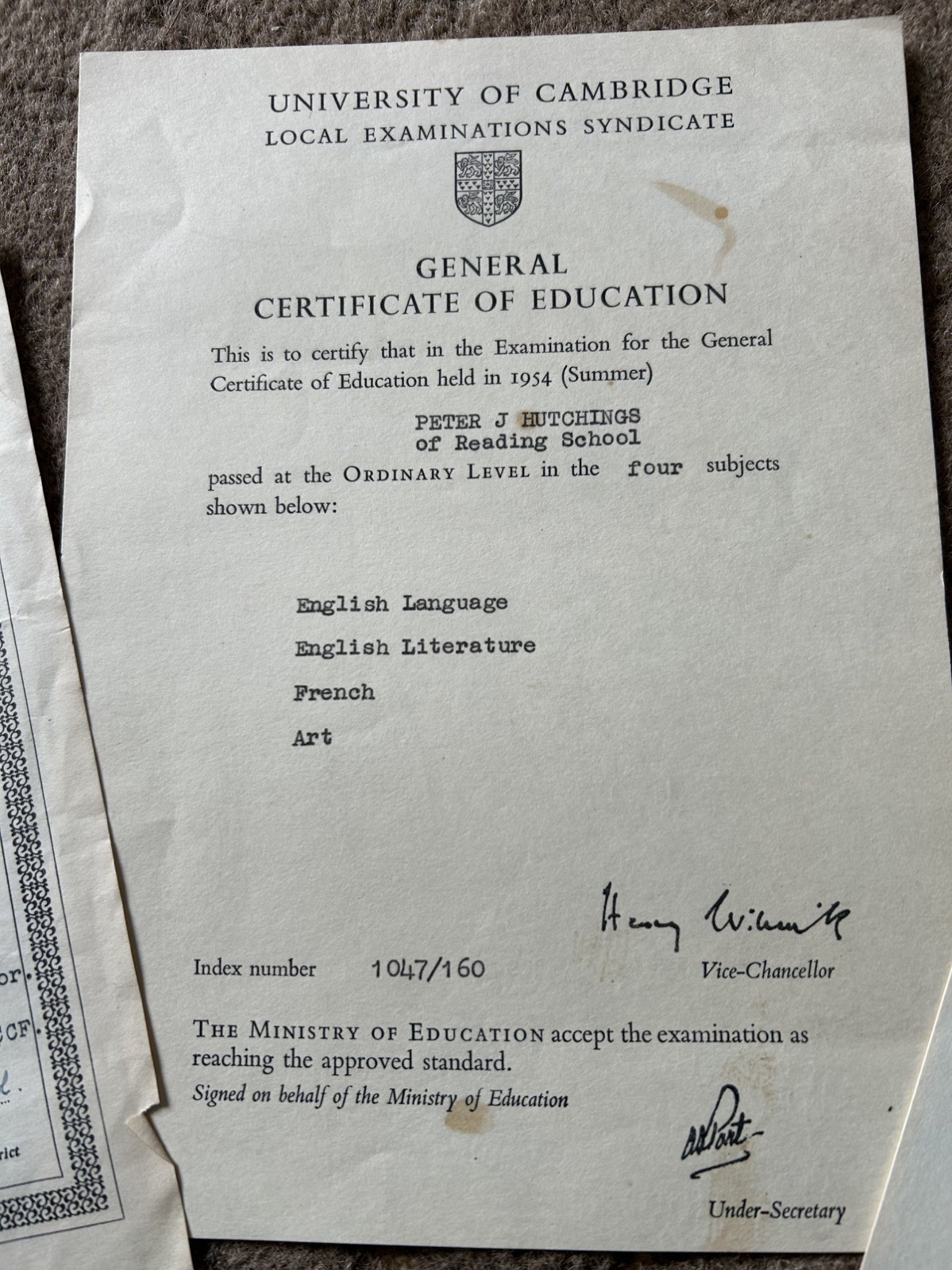 Vintage 1950s READING SCHOOL Cambridge GCE Exam certificates & Army Cadet Cert A