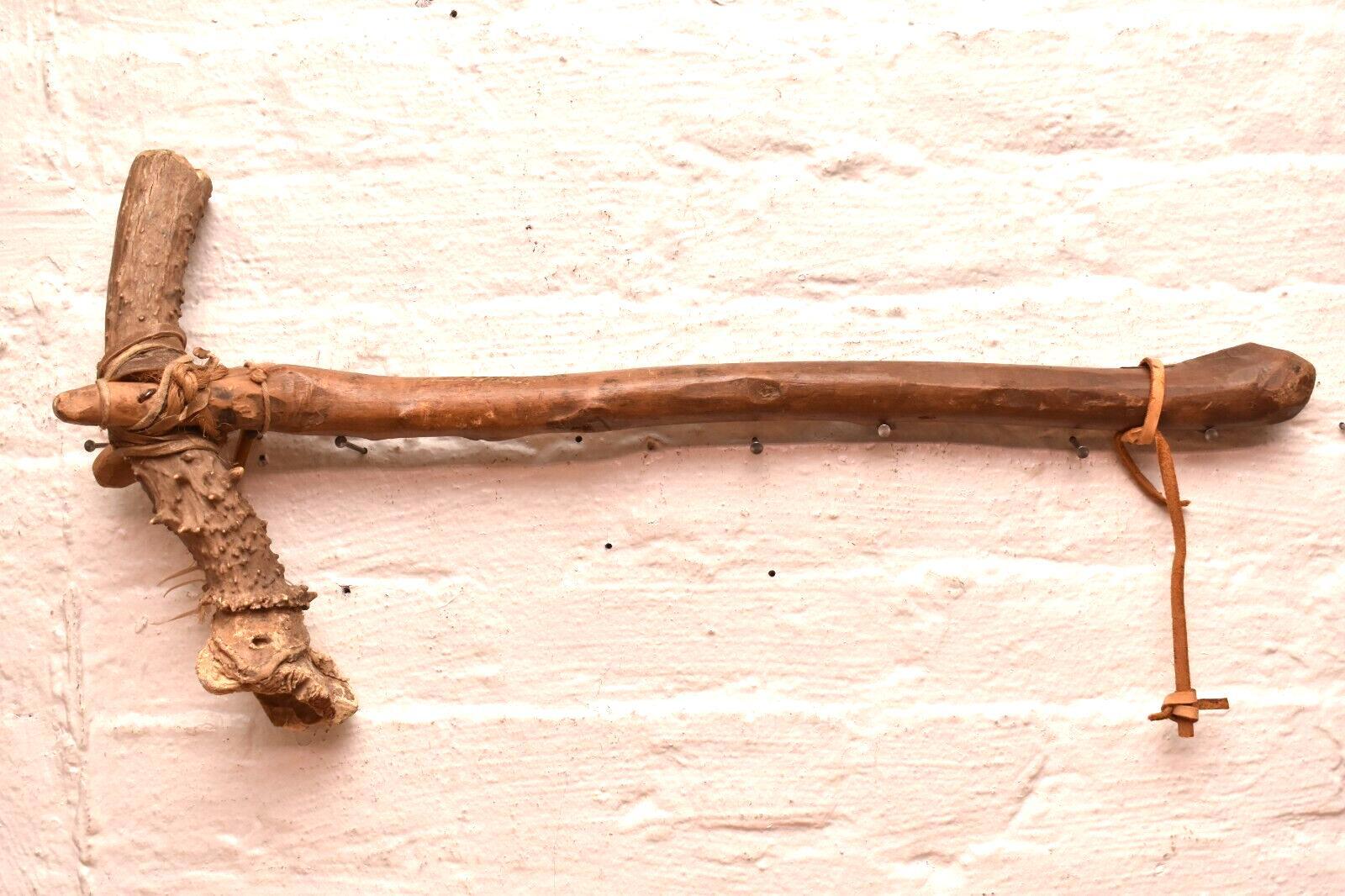 Antique Native American Indian Plains carved Wood W ANTLER war club Axe Tomahaw