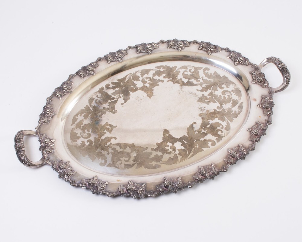 Vintage Reed & Barton Silverplate Oval Serving Tray Grape Pattern Handles 23"