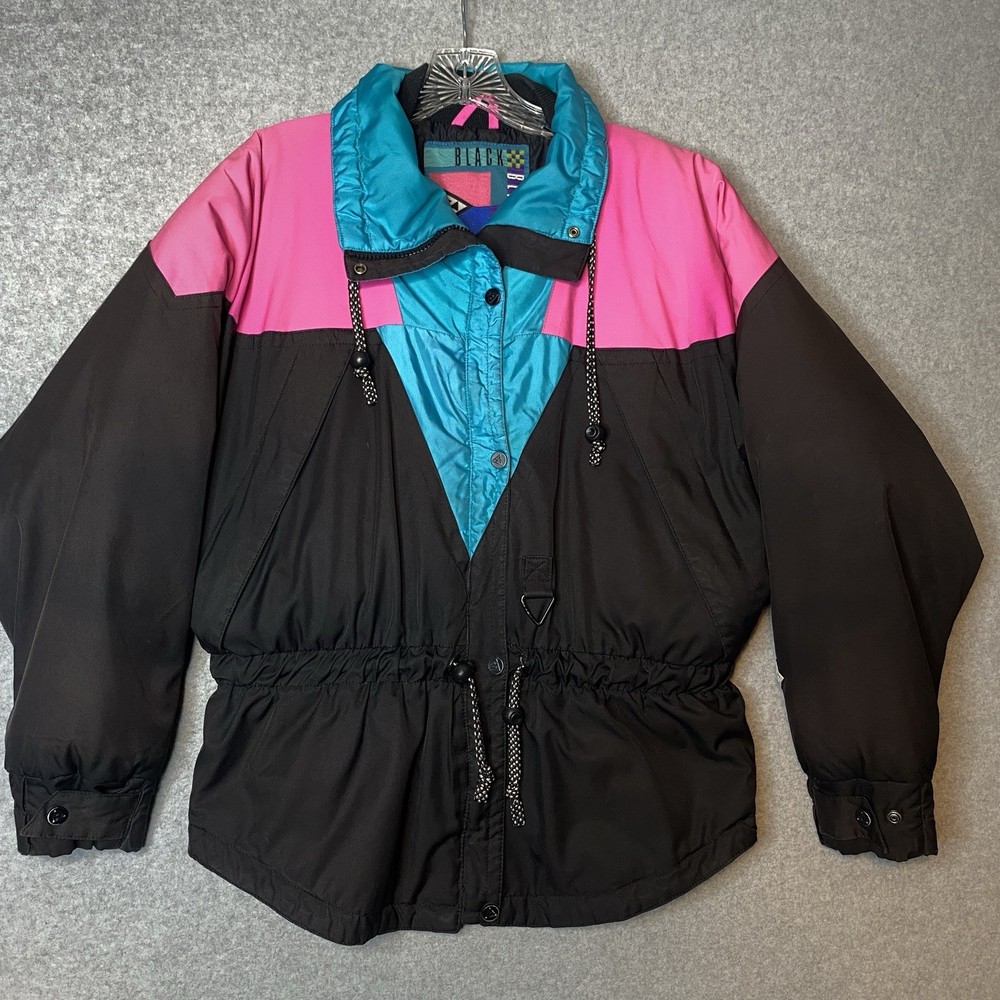 Vintage Black bear Ski Jacket Medium Down Black Turquoise Pink