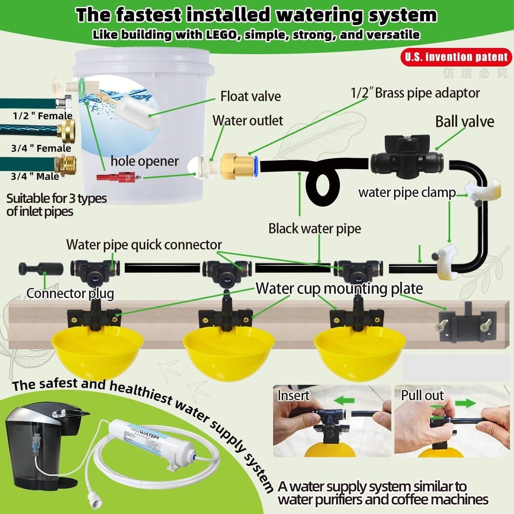 Complete Set Pipeline Automatic Chicken Waterer System, 18ft Pipeline and Float