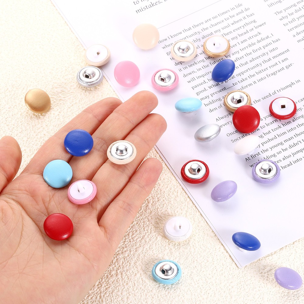 25pcs PU Leather Covered Button 15mm Plastic Shank Round Button, Light Brown