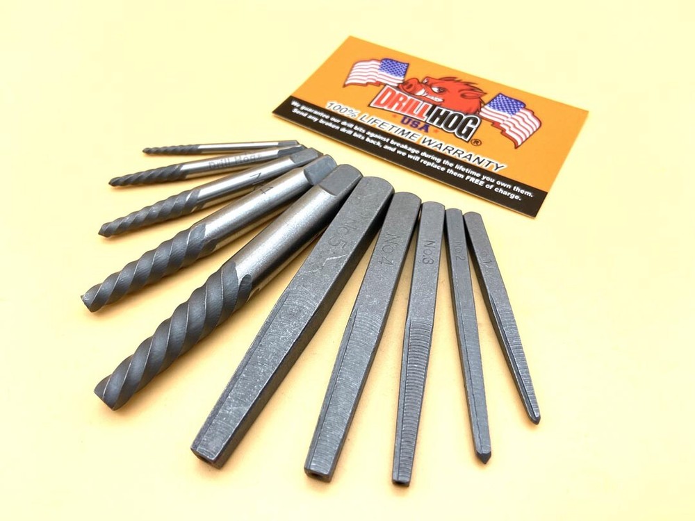 Easy Out Set Screw Extractor Set 10 Pc Spiral & Square Type Combo Set Drill Hog®