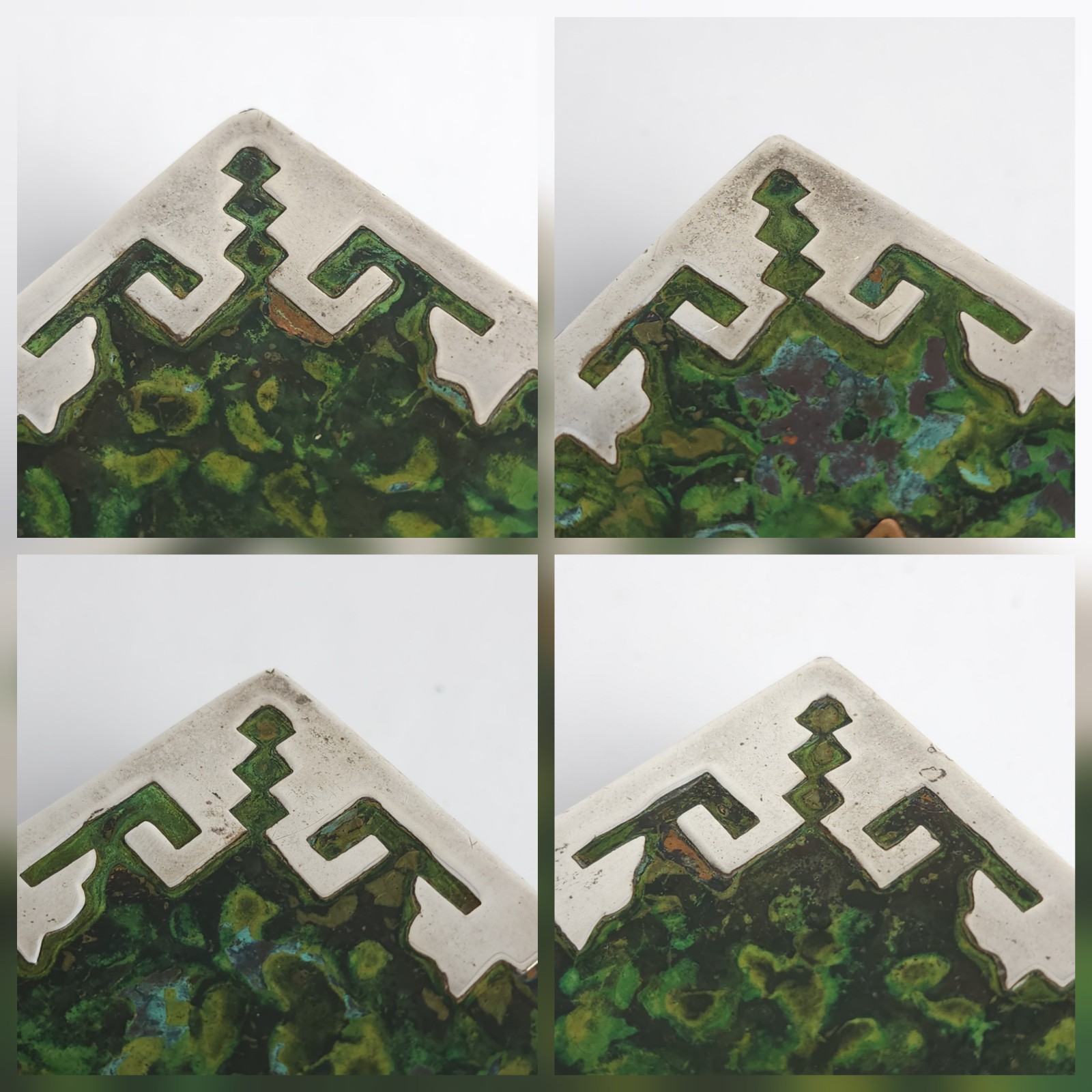 Vintage Peru Enameled Copper Cigarette Trinket Box Silver Tone Metal Bird Bull