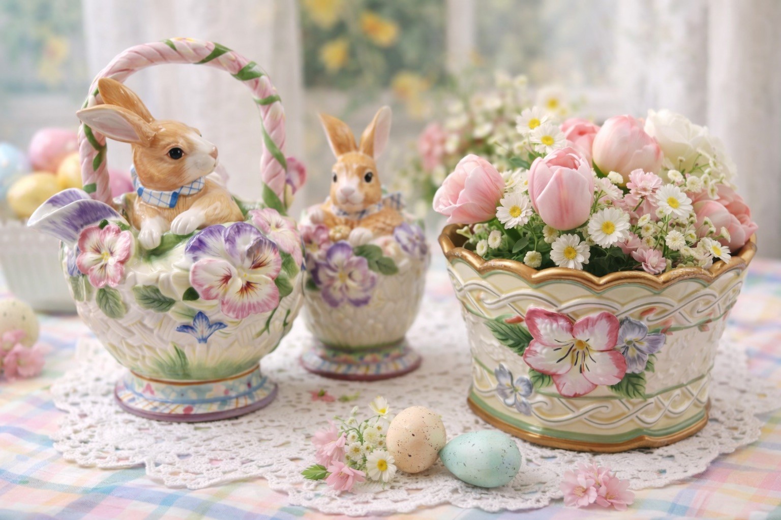 Fitz & Floyd Halcyon Bunny Teapot Sugar Jar Planter Set Easter Spring Floral