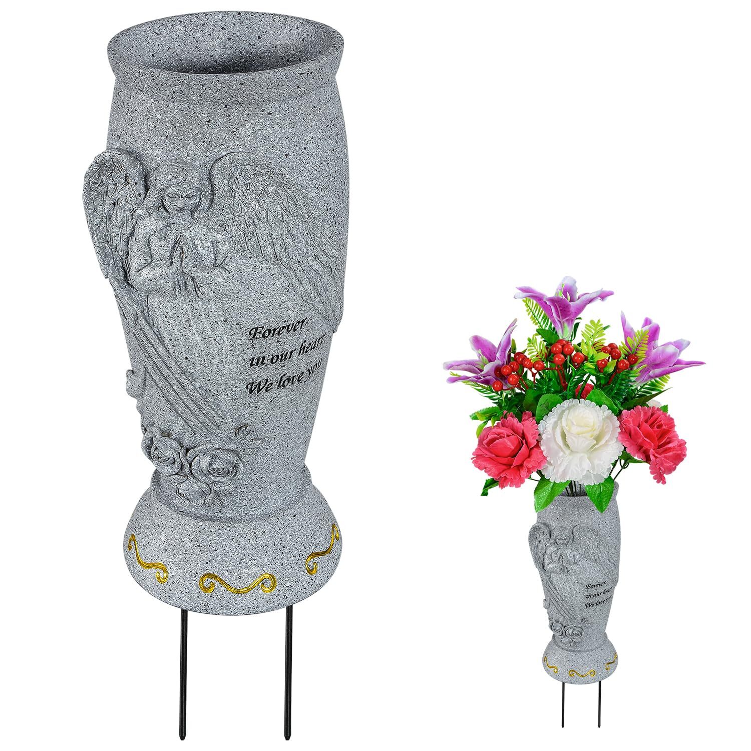 Cemetery Vase Memorial Grave Vase with Ground Spikes Angel Vases for Fresh/