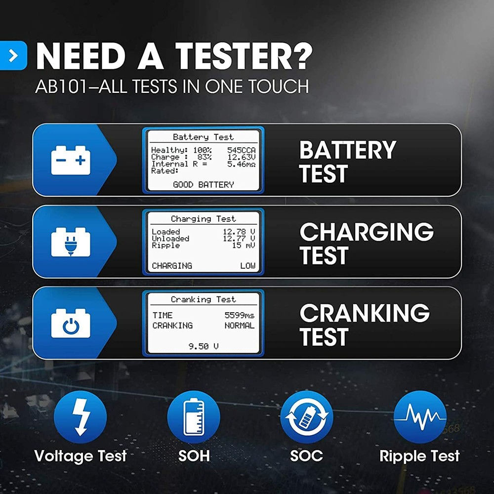 TOPDON AB101 Battery Tester 12V Load Charging System Analyzer 100-2000CCA