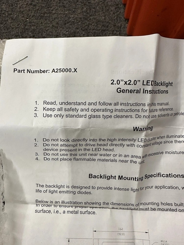 Schott A25000 Red LED Machine Vision Backlight 2"X2" NEW w/ Instructions