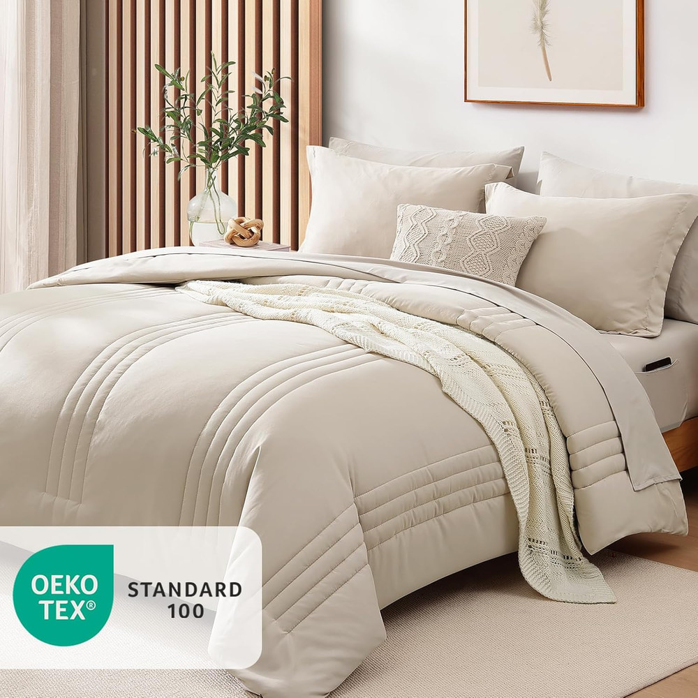 Queen Comforter Set - 7 Pieces Beige Bed in a Bag Queen Bedding Sets with Comfor