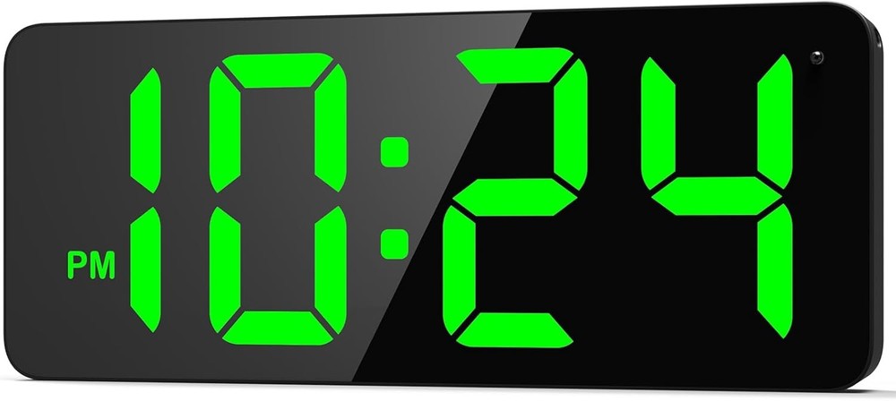 LED Digital Wall Clock Large Display Auto-Brightness 12/24Hr – Green