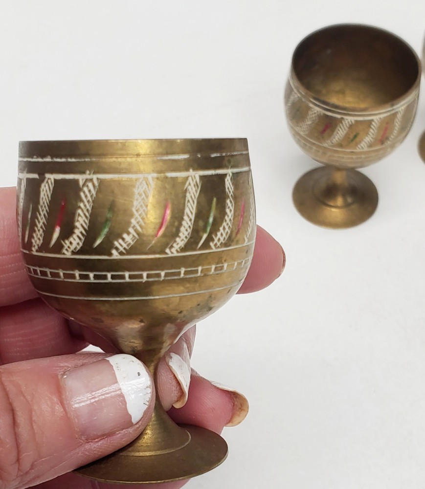 Vintage 6 pc Middle Eastern Turkish style solid brass coffee or tea pitcher cups