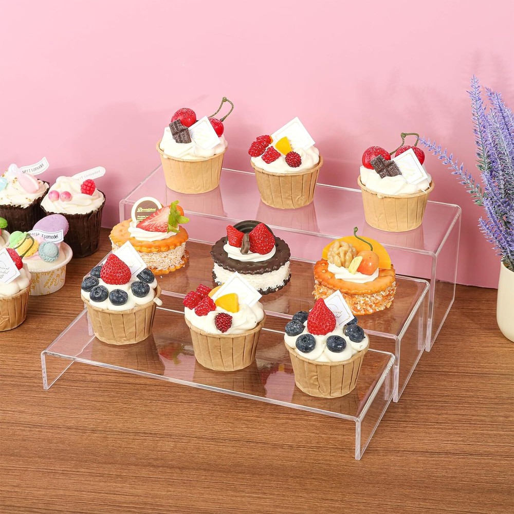 3-Pack Clear Acrylic Display Risers - Rectangular Tiered Stands Clear-Large