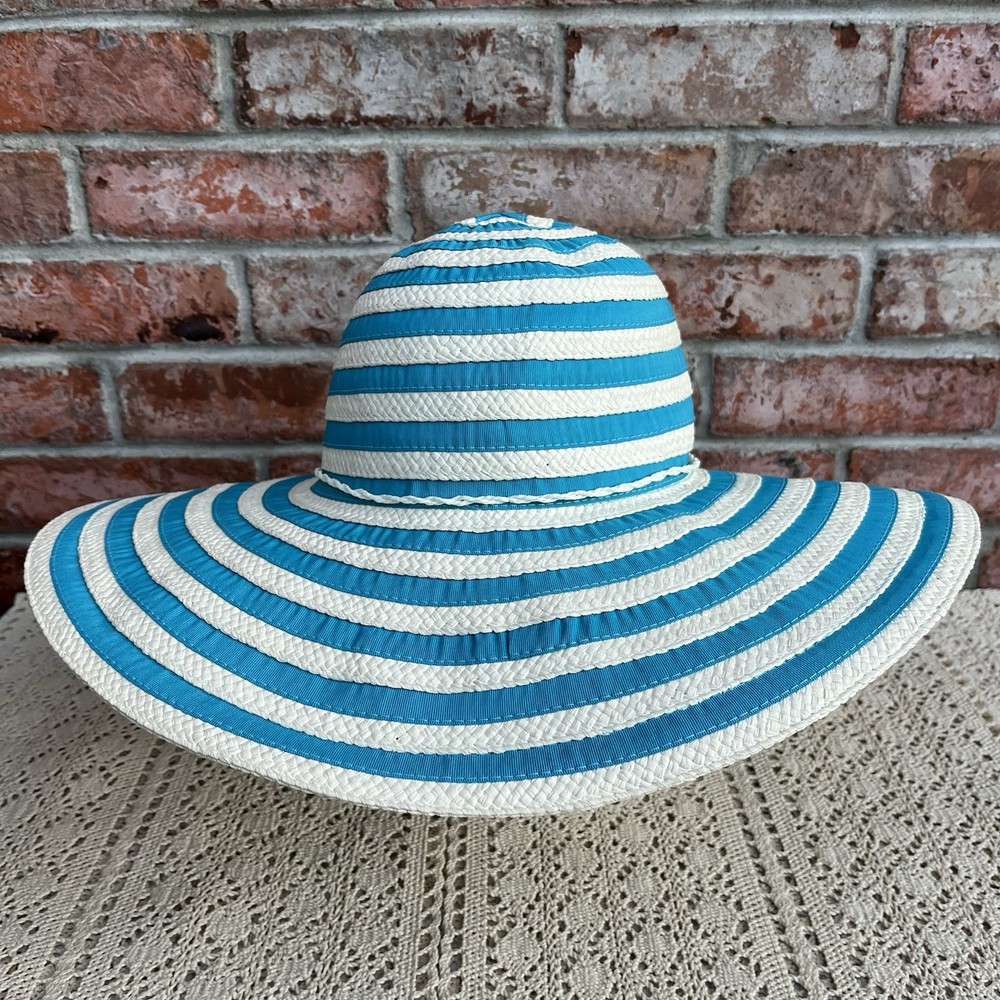 Jacobson Striped Ribbon Sun Beach Hat Turquoise & White Packable OSFA