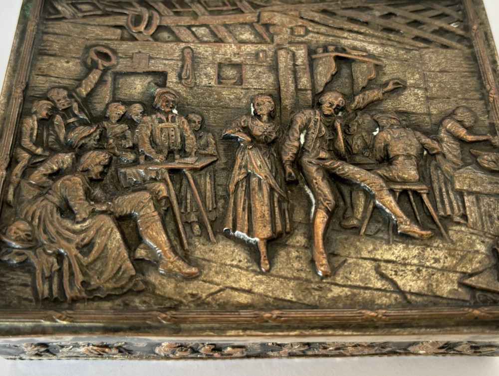 Antique E.G. Webster & Son Silverplate Cigarette Box Repoussé Tavern Scene