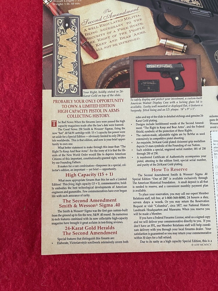 2nd Amendment Smith & Wesson Sigma .40 Commemorative 1995 Print Ad