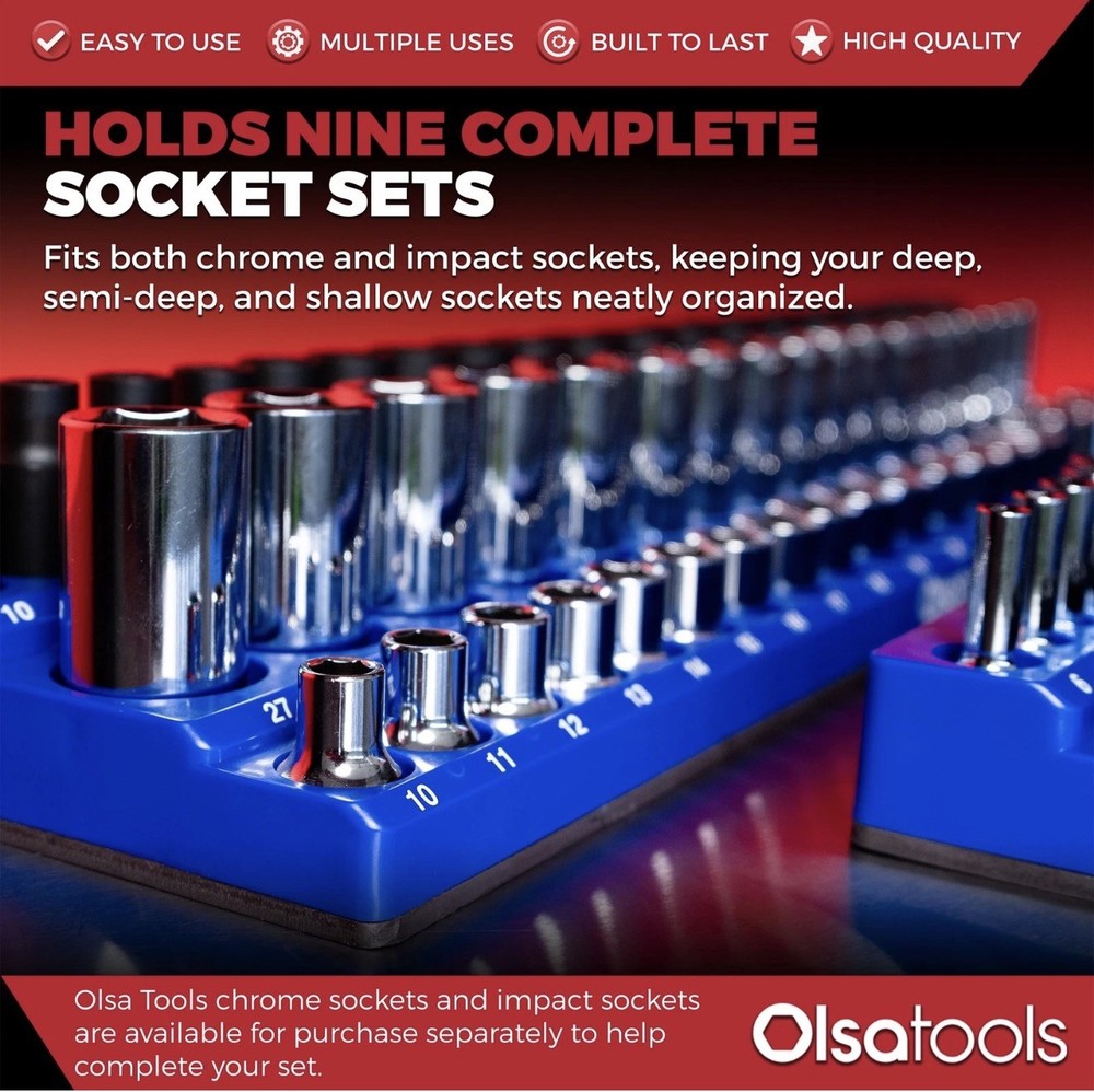 Olsa Tools 3-Row Magnetic Socket Organizer Patented 3pc Holder Kit Blue