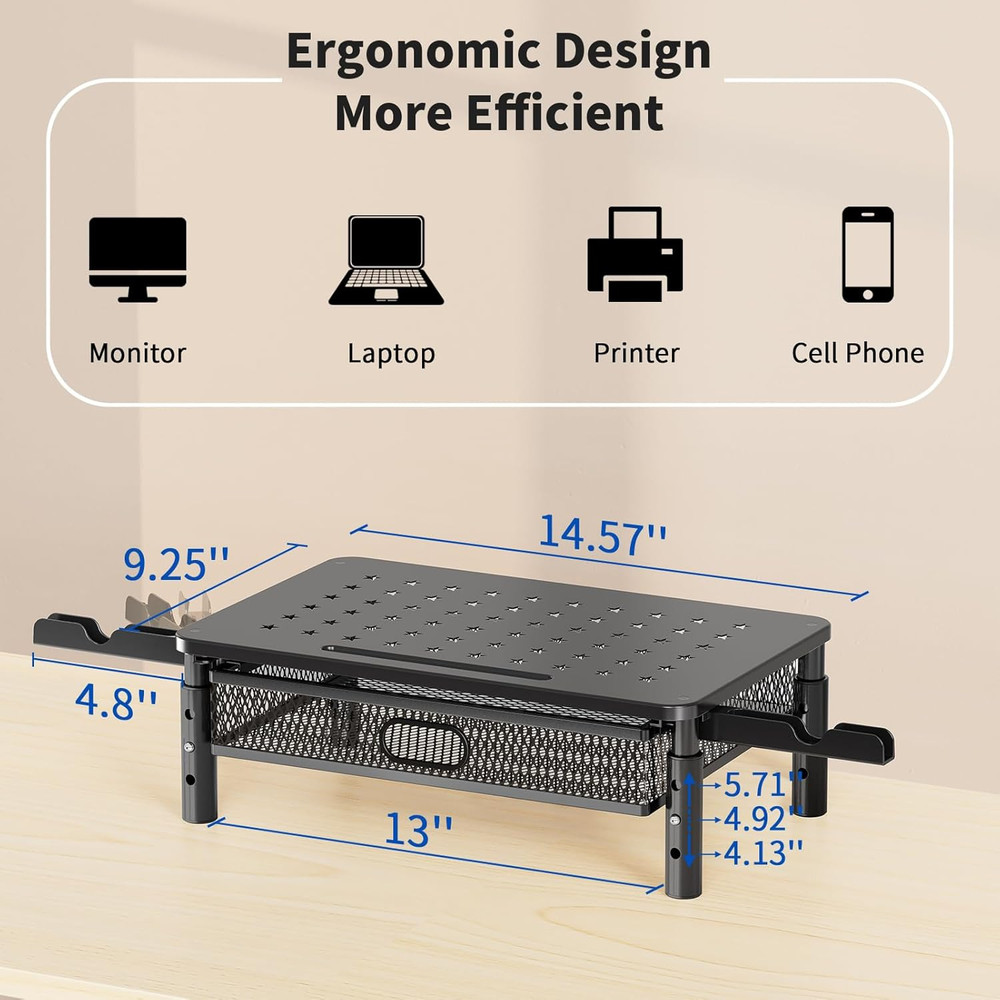 Monitor Stand Riser with Metal Mesh Drawer, Height Adjustable with Phone Hold...