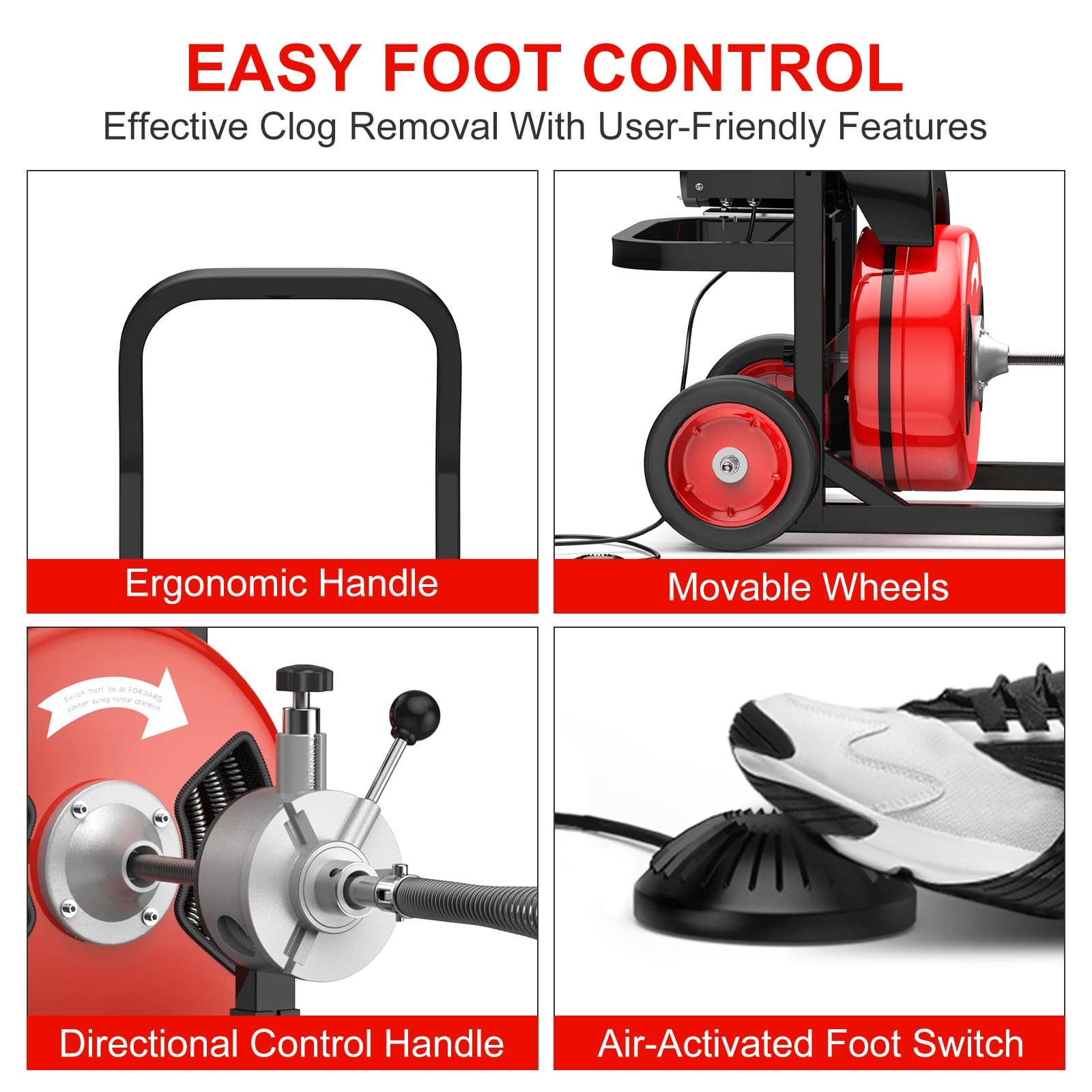 75FT 1/2 in Auto Feed Drain Cleaning Machine,Electric Drain Auger with 6 Cutter