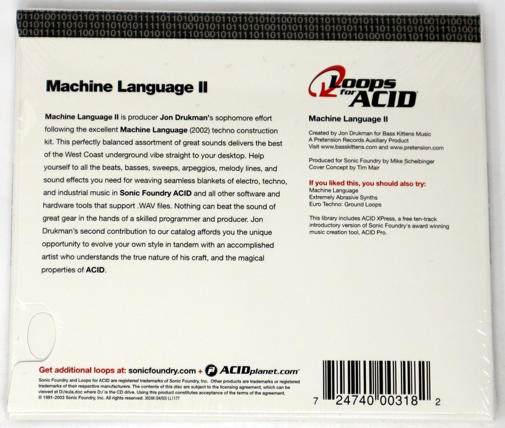 Sonic Foundry Machine Language 2 Loops For Acid Sample/Sound Library/Sampling CD
