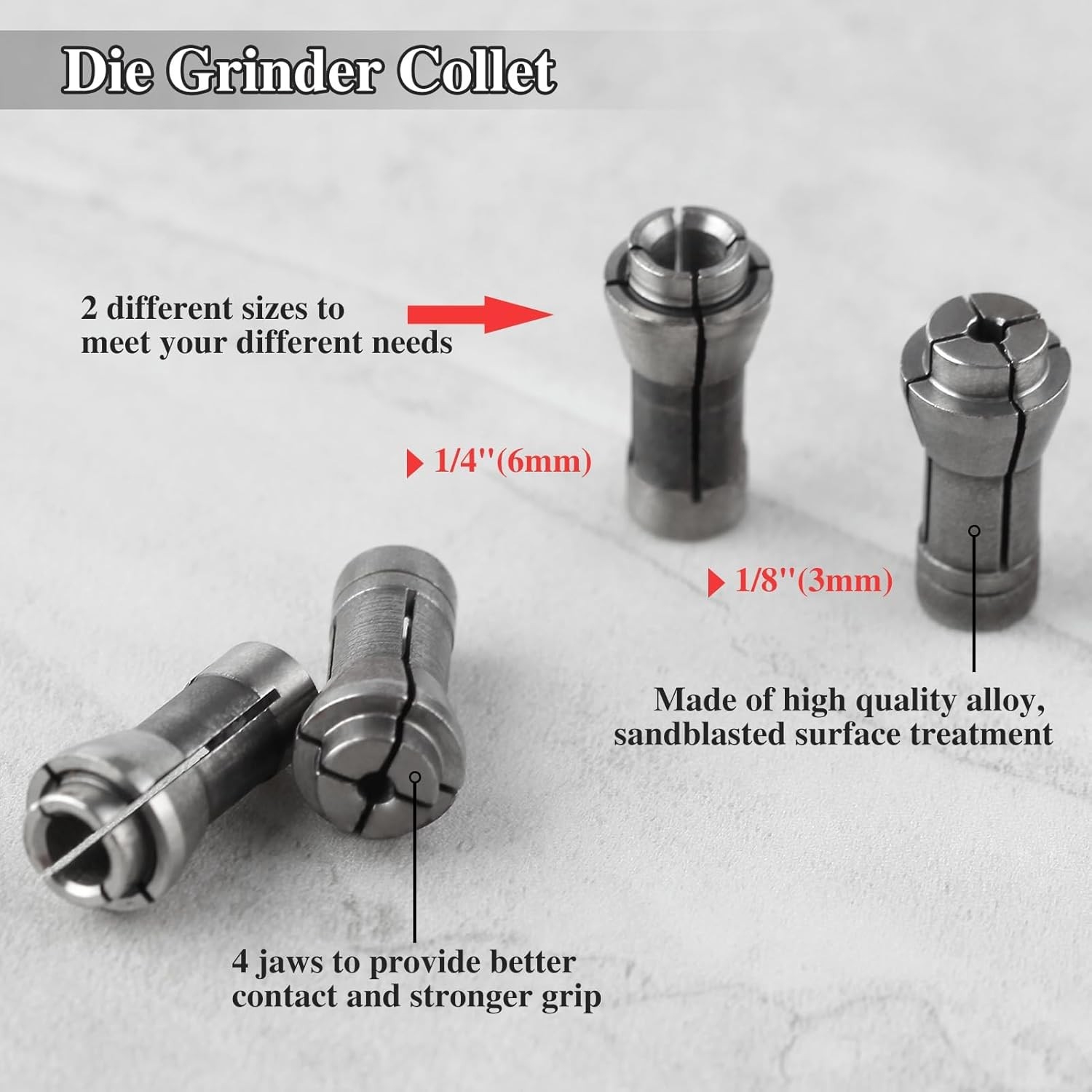 4 Pcs Die Grinder Collet Adapter Set for 1/4" & 1/8" Arbors - 3mm & 6mm Chucks