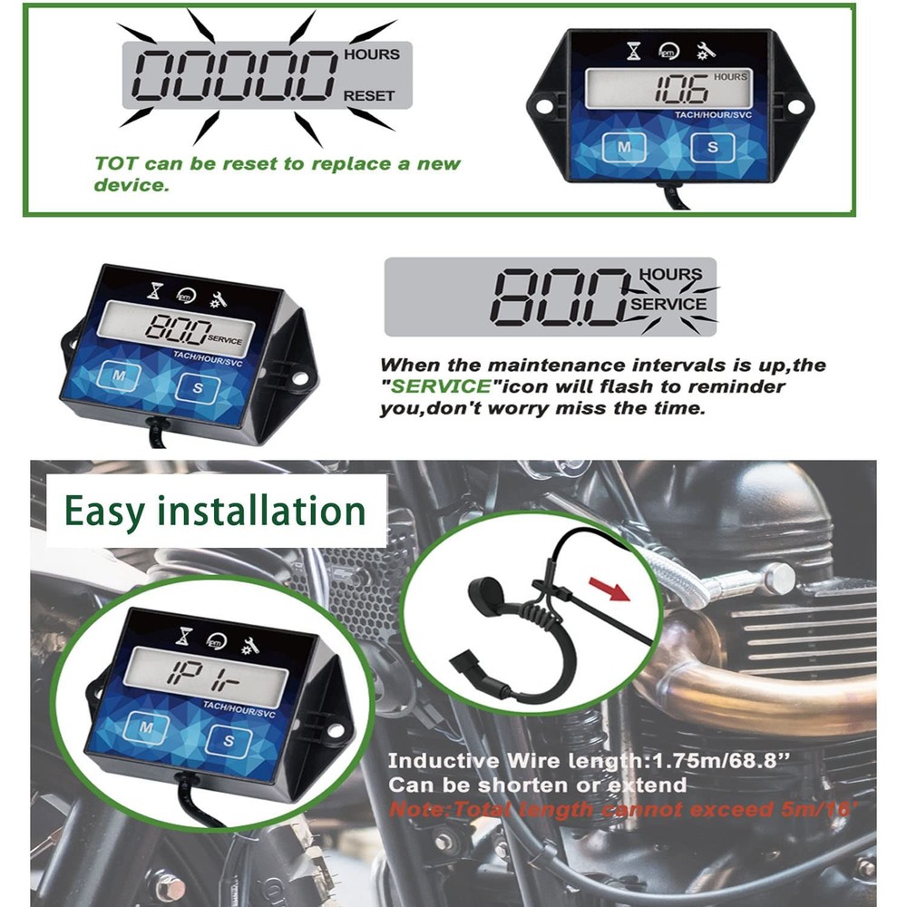 Digital Small Engine Tachometer Hour Meter,Resettable Hours,Replaceable Batte...