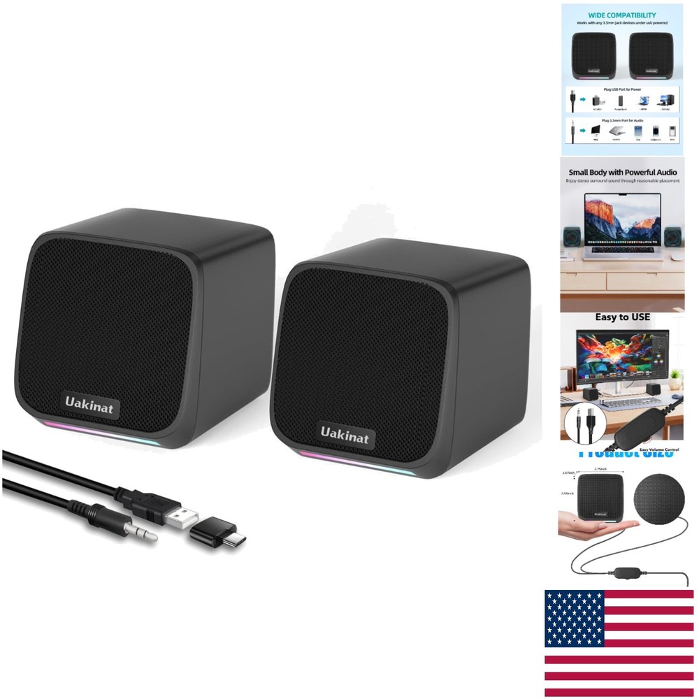 USB Powered Compact Computer Speakers with Touch Control & LED Light – Black