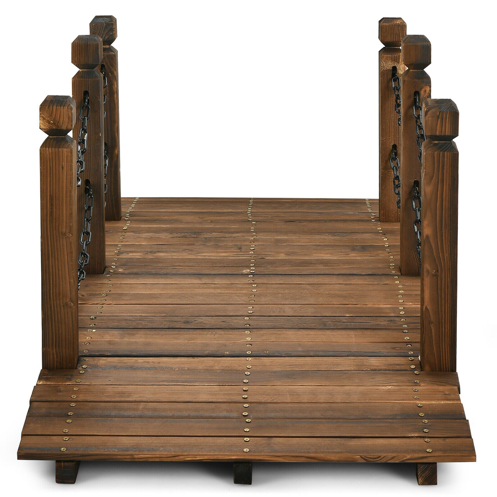 5 ft Wooden Garden Bridge Arc Footbridge Stained Finish Walkway w/Rails