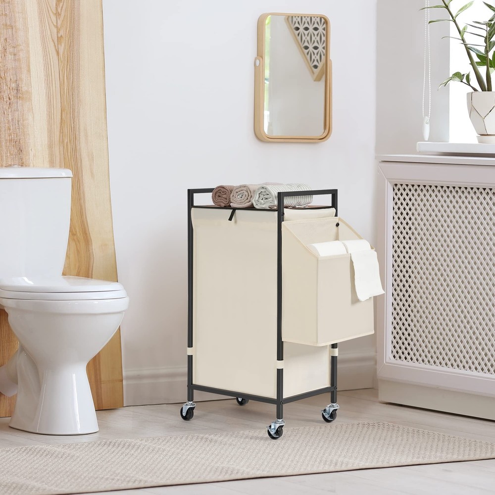Laundry Hamper with Rustic Brown Lid & Wheels; 96L Large Rolling Laundry Bask...