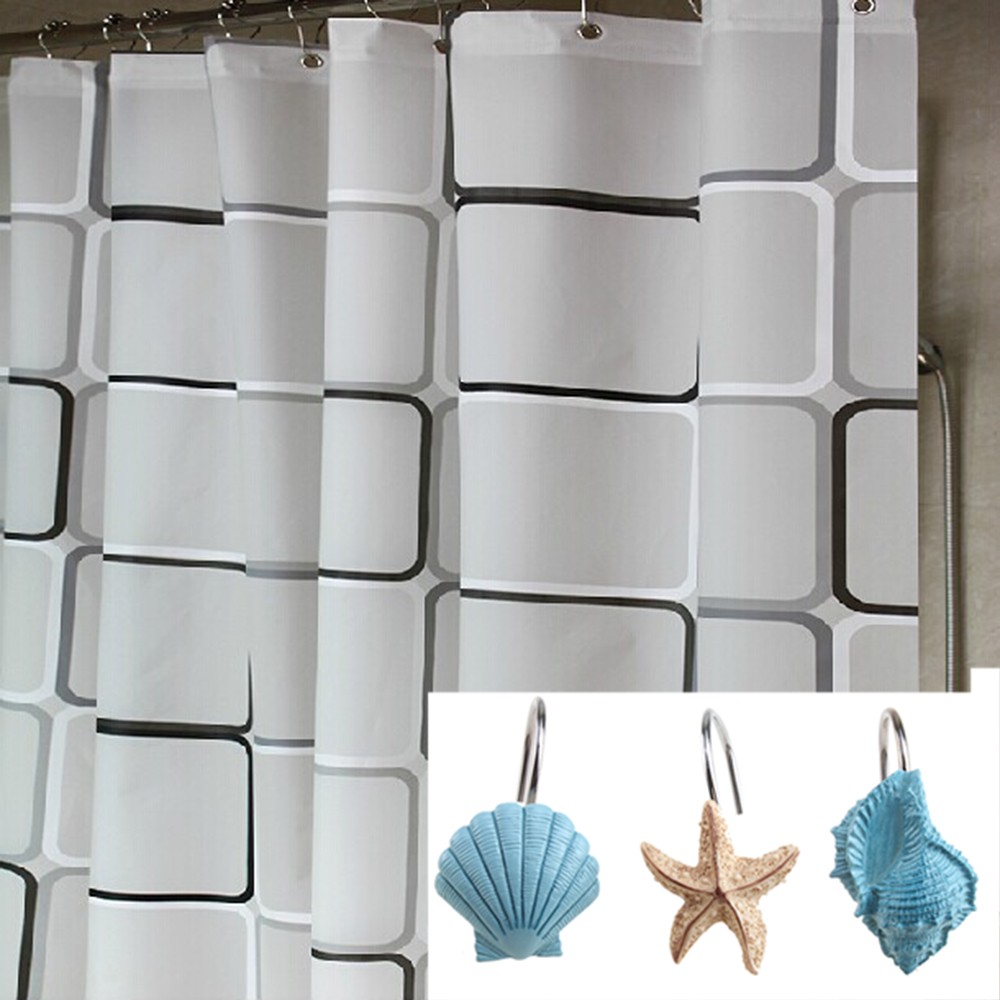 12Pcs Blue Decorative Seashell Bath Shower Curtain Hooks Bathroom Decor Rings