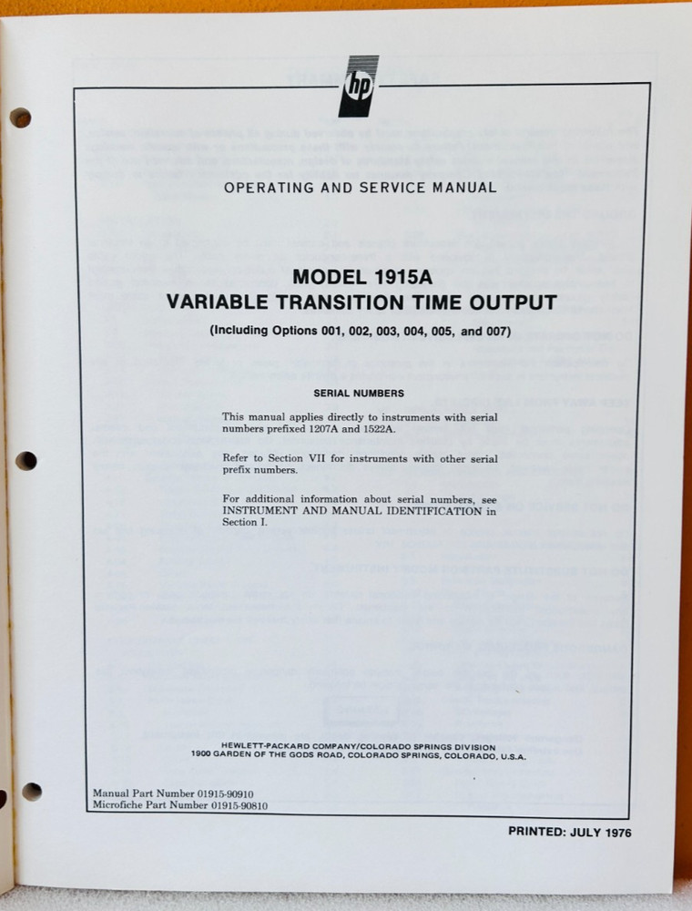 HP 01915-90910 Model 1915A Variable Transition Time Output Oper & Service Manual