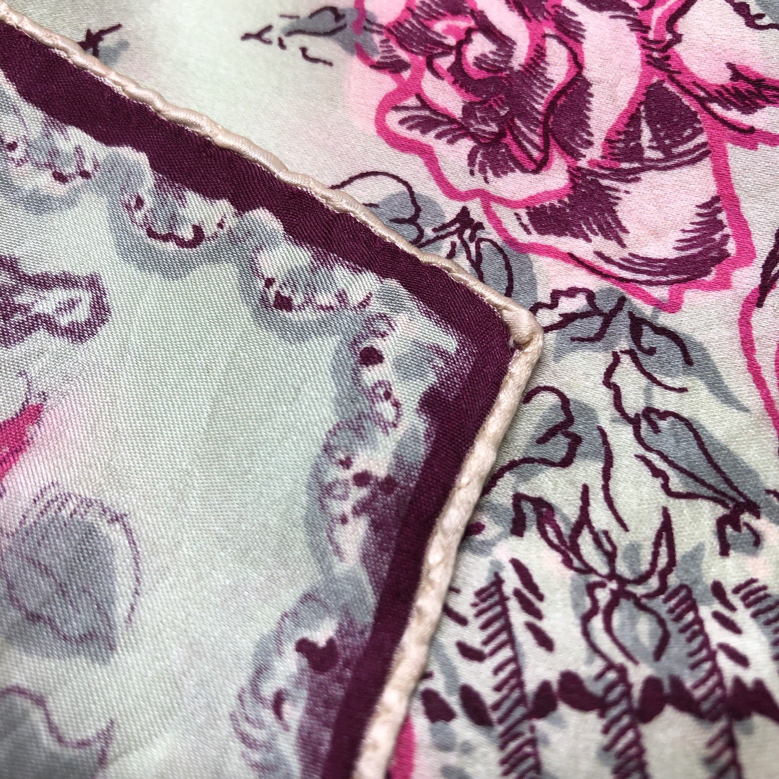 Vintage Silk Scarf Fans Flowers Satin Hand Rolled Green Pink Roses Square 33"