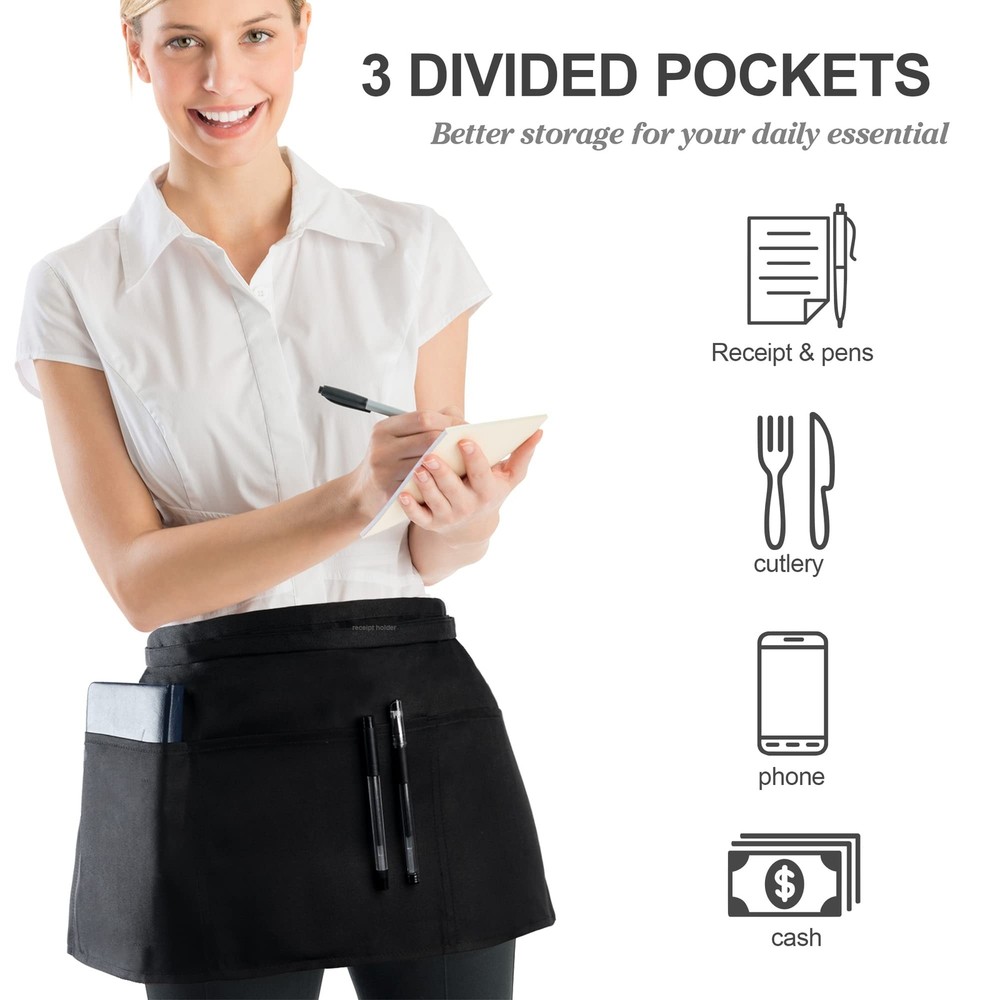 BOHARERS 2 Pack Waitress Apron With 3 Pockets - Black Server Aprons - Waiter ...
