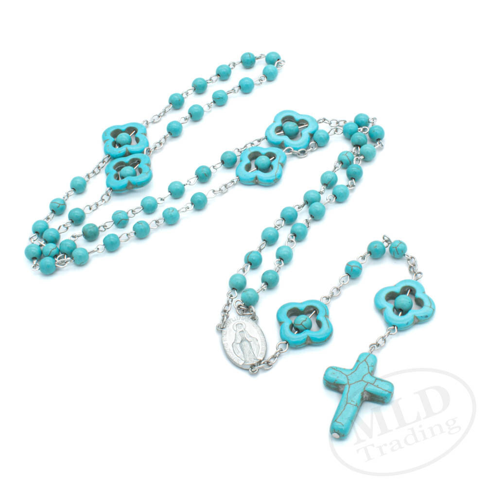 Turquoise Stone Bead Catholic Flower Rosary Necklace - 22" 7" Drop, Silver Chain