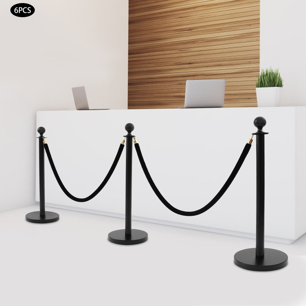 6 PCS Black Stanchion Posts Queue Pole with 4 1.5M Ropes Crowd Control Barrier