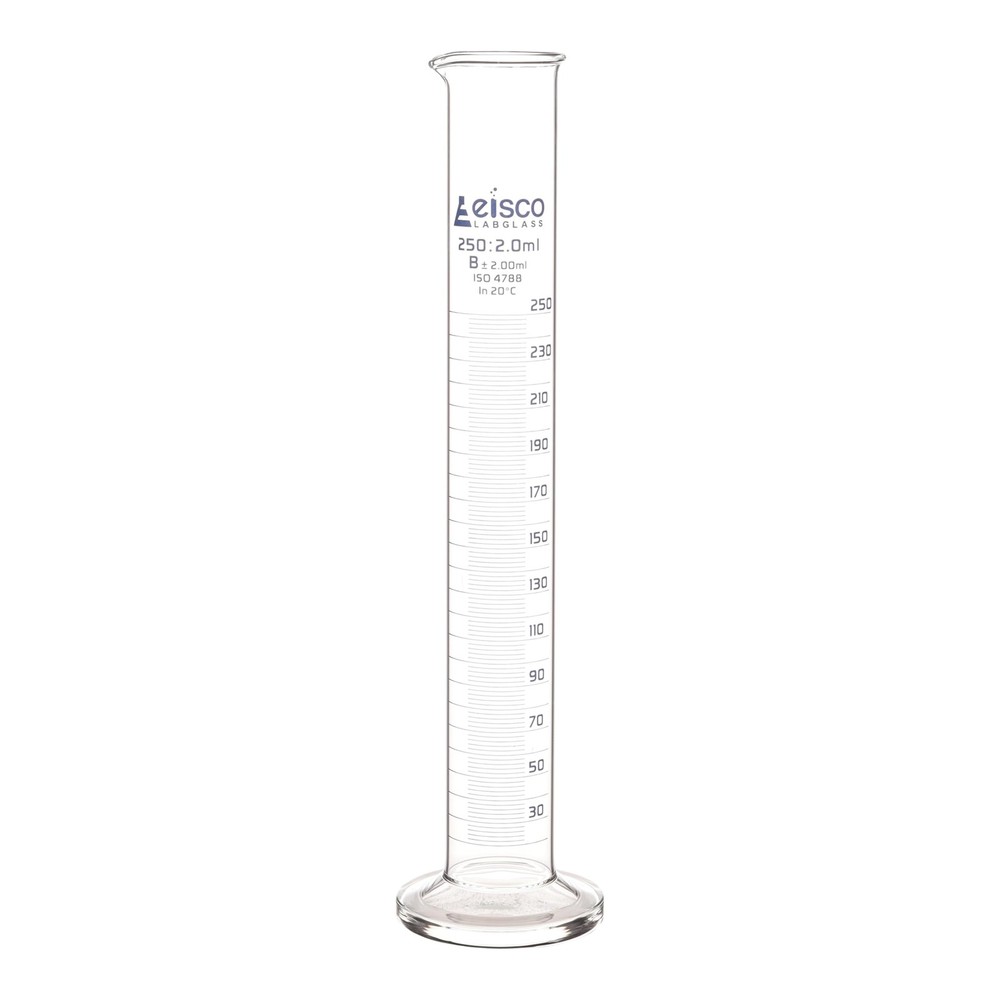Eisco Labs 250ml Graduated Cylinder Class B  Blue Graduations Hexagonal Base