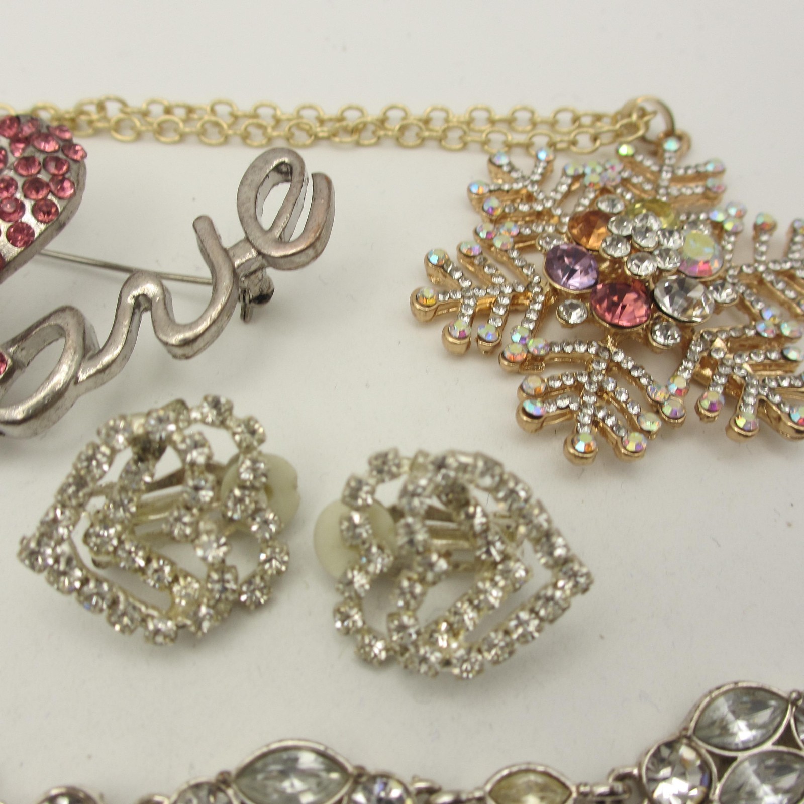 Vintage Rhinestone Jewery Lot Bracelets Necklaces Earrings Shoe Clips Brooch