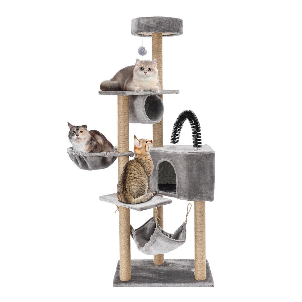 Multi-Level Cat Tower with Scratching Posts Hammock Condo 63" Tall for Cats