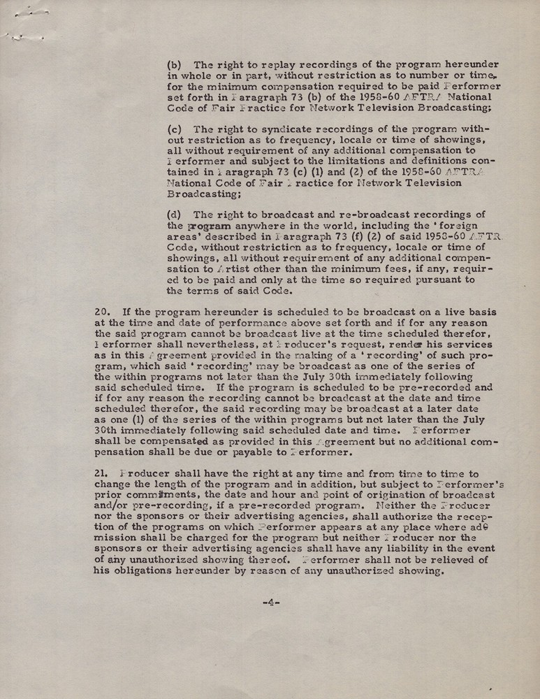 BUDDY HACKETT - CONTRACT DOUBLE SIGNED 12/13/1960