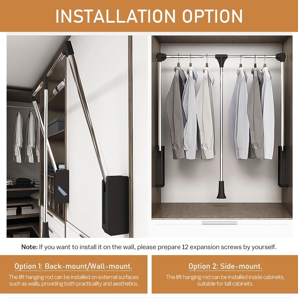 Pull Down Closet Rod, 60 lbs Load Capacity, 1 Pack - 35" ~ 46.2", Black