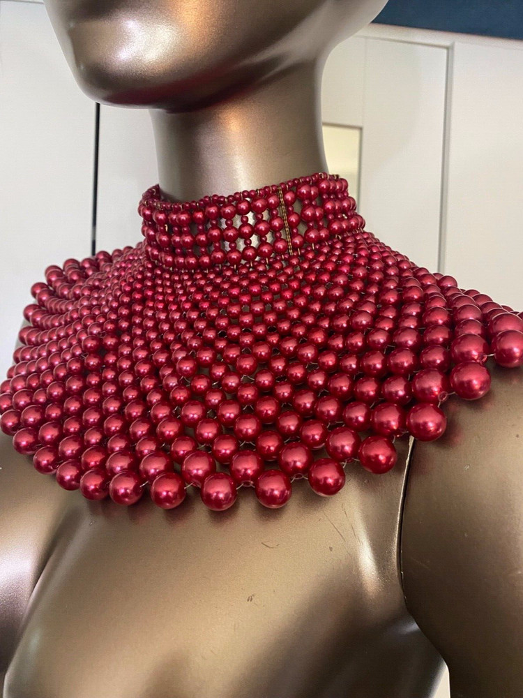 vintage red beaded large layered necklace